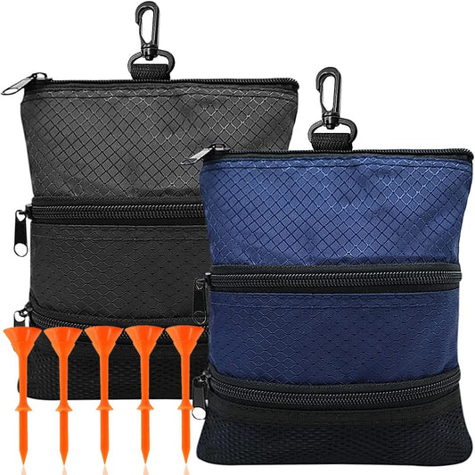 Golf Bag Accessories Valuables Pouch Bags Multi Pocket Zipper Hook with 10 Pcs Wood Golf Tees for Men Women