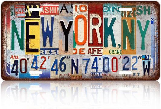 Vintage City License Plate New York,Ny Wall Decor Metal Tin Sign for Bar Home Bedroom 12 x 6 Inches （Including latitude and longitude）