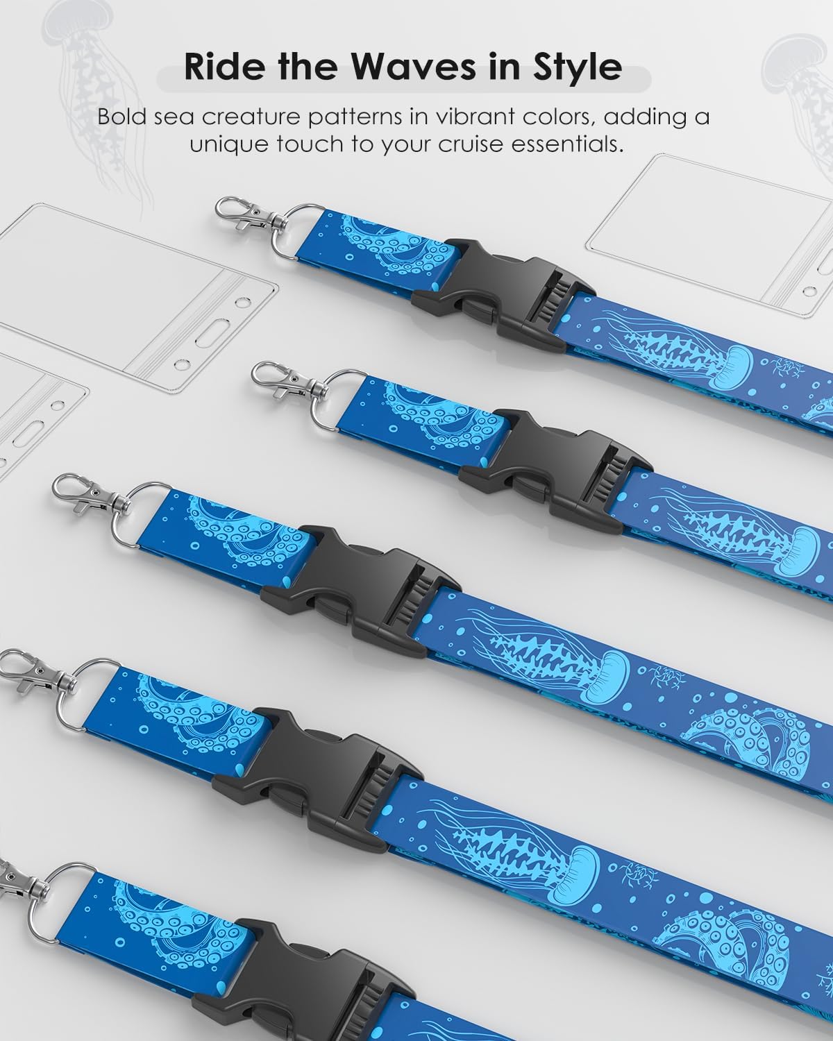 5 Pack Cruise Lanyards with Ocean Creature Design, Cruise Ship Lanyards with Waterproof ID Badge Holders for All Cruise Lines 2025, Light Blue