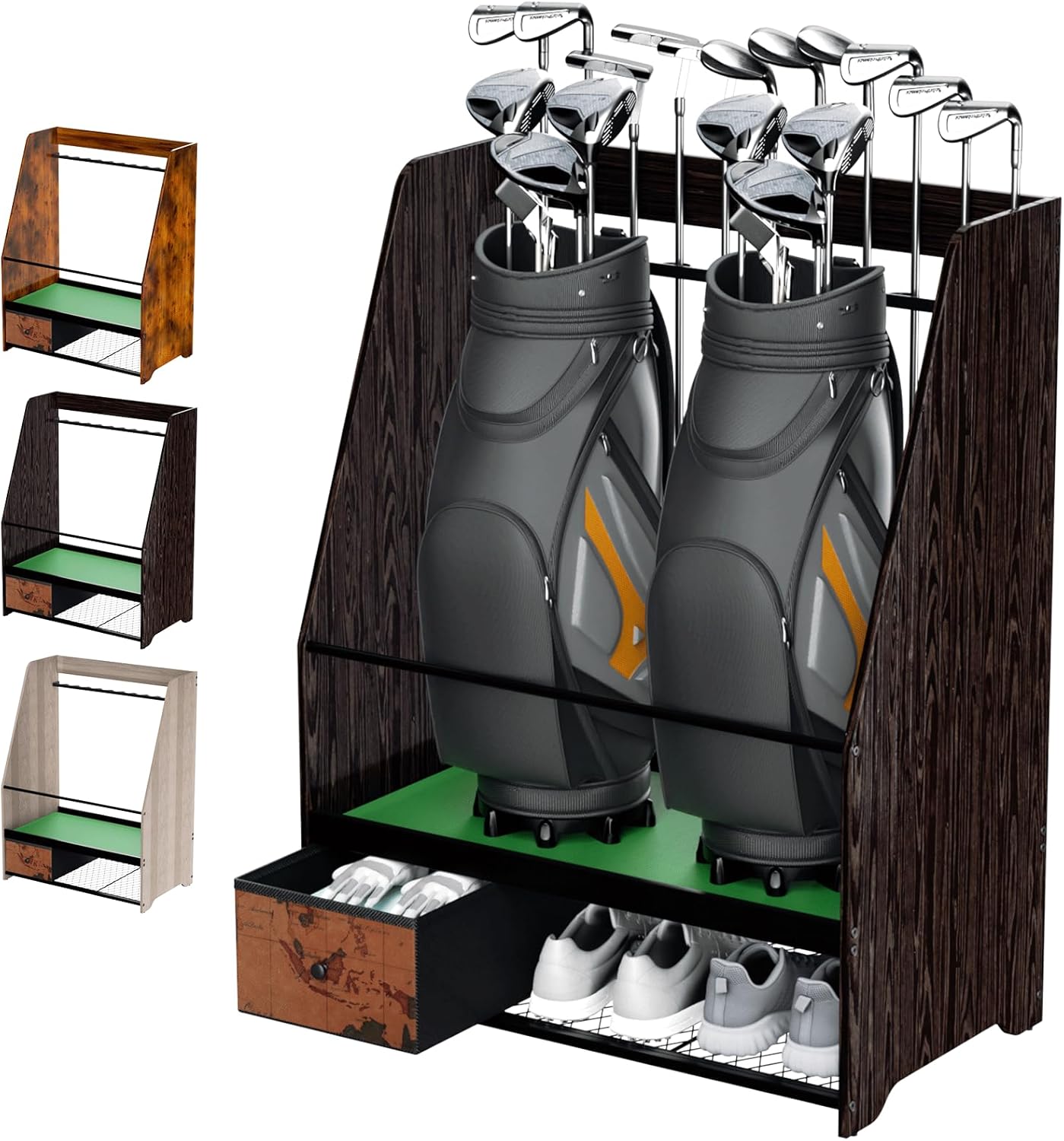 Golf Bag Organizer Rack – Large Wooden Golf Storage for 2 Bags, Clubs & Accessories with Dustproof Drawer, Sports Equipment Rack for Garage, Practice Room, Home or Office (Black)