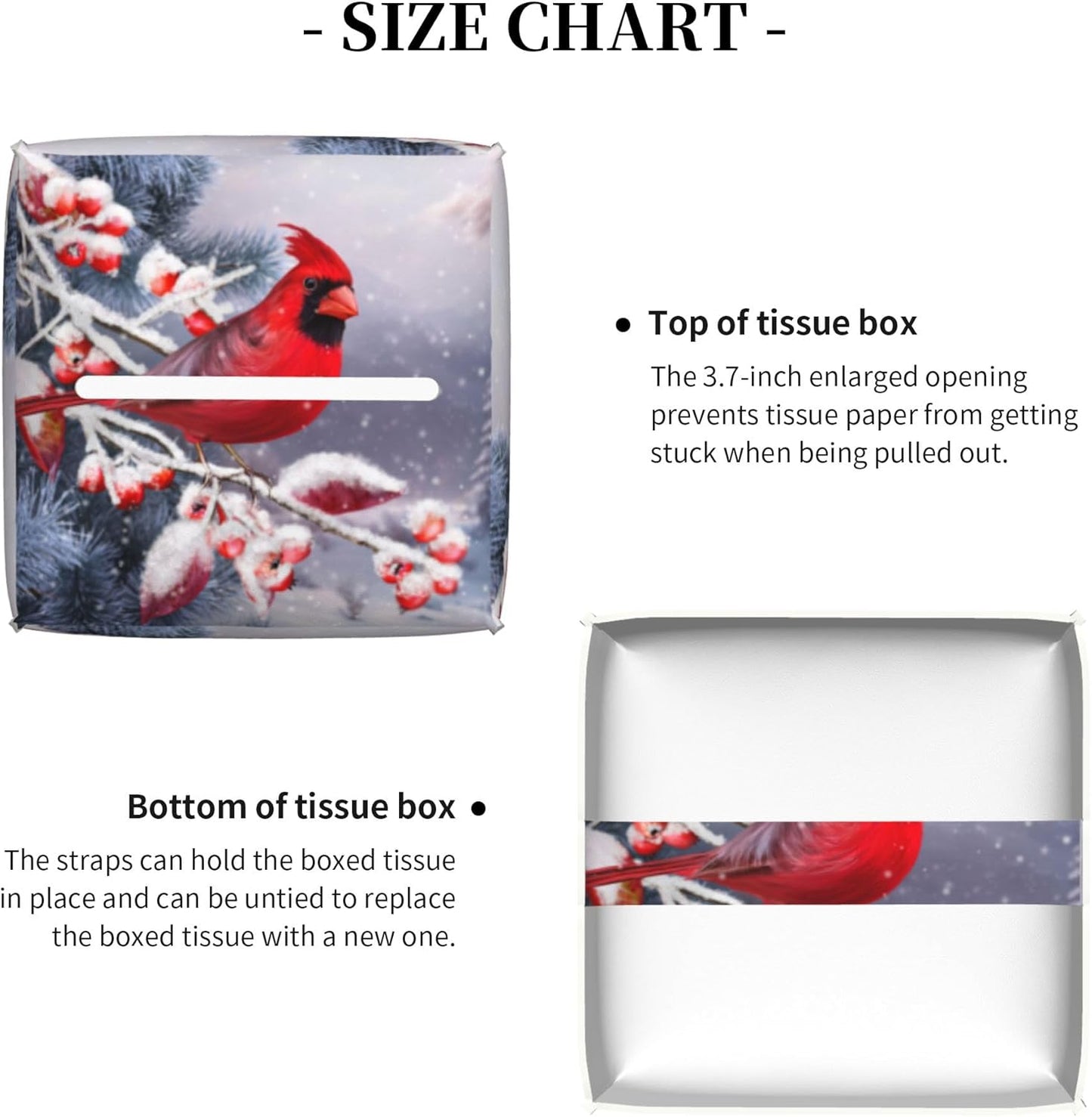 Christmas Red Cardinal Tissue Box Cover Square,Winter Christmas Cardinal Bird Tissue Box Holder Waterproof Leather Facial Paper Organizer Dispenser for Bathroom Home Car Nightstand Vanity Desk