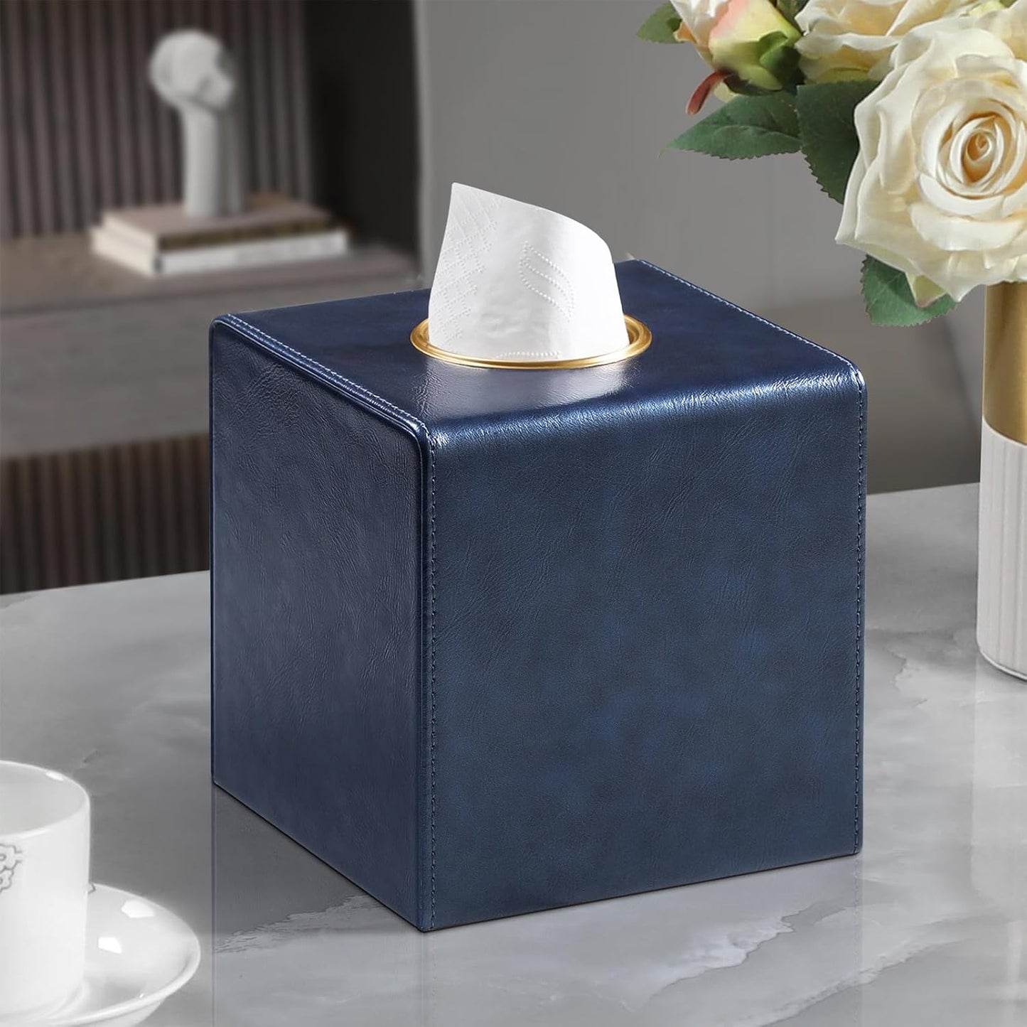 Square Tissue Box Cover, Luxury PU Leather Tissue Holder with Magnetic Closure (Navy Blue)
