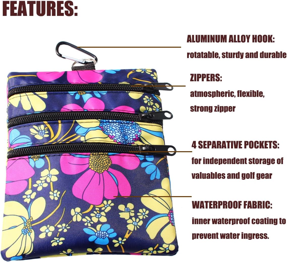 Golf valuables Pouch, Zipper Golf Ball Bag with 4 Pockets, Golf Accessories Pouch for Storing Balls,tees,Mobile Phone,Keys, Cards and Cash, Great Gift for Golfers