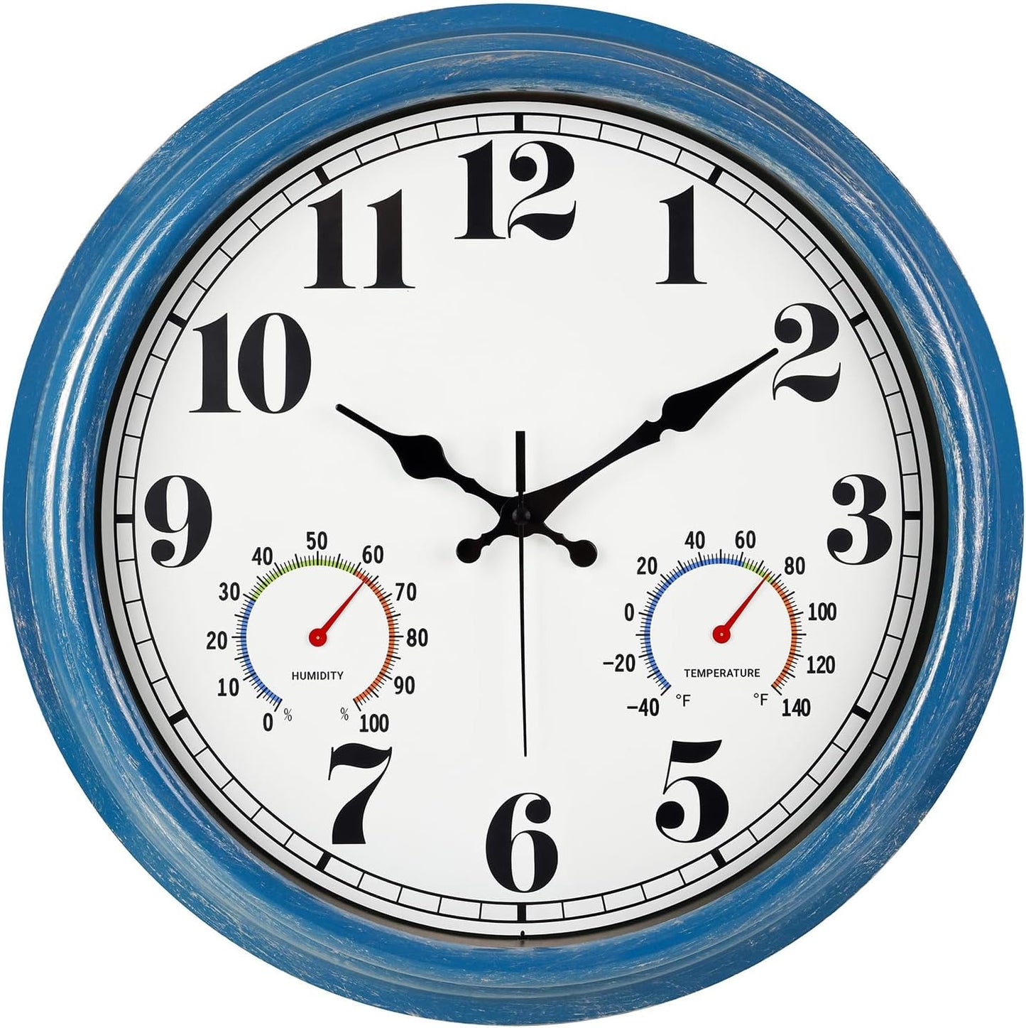 JENLYSTIME 16 Inch Blue Vintage Waterproof Indoor/Outdoor Wall Clock with Thermometer & Hygrometer, Large Numerals & Silent Sweep Movement - Ideal for Porch, Garden, Pool, Bathroom