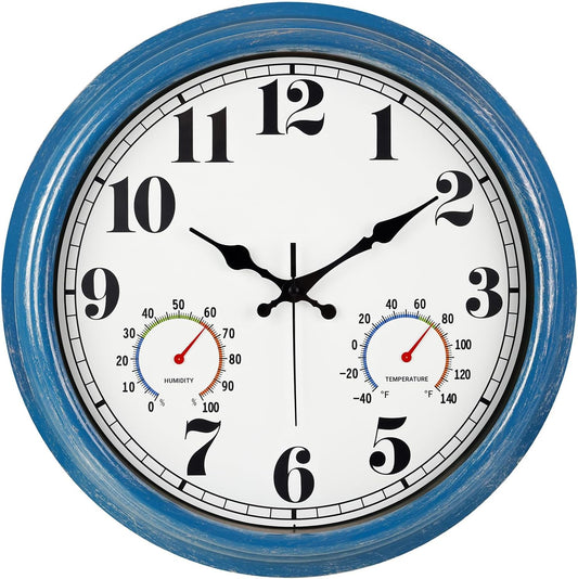 JENLYSTIME 16 Inch Blue Vintage Waterproof Indoor/Outdoor Wall Clock with Thermometer & Hygrometer, Large Numerals & Silent Sweep Movement - Ideal for Porch, Garden, Pool, Bathroom