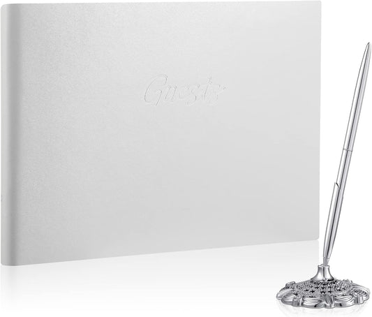 Leather Guest Book and Pen Stand Set, 10.5" x 8" Embossed Guests Sign in Book Registry Book for Funeral, Wedding Reception, Vacation Homes and Events, 80 Sheets (White)