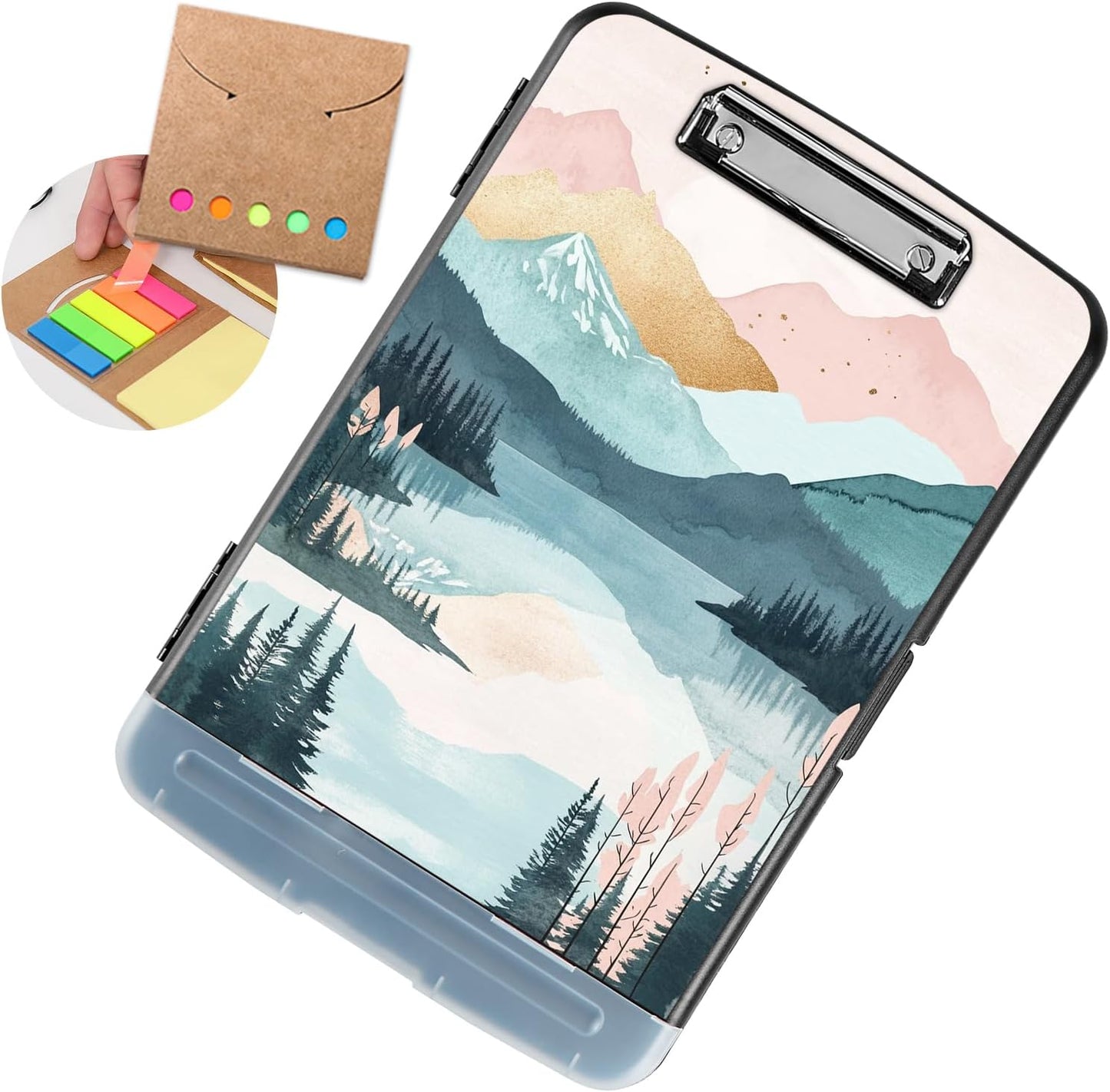 Clipboard with Storage - Large Capacity,Nursing Clipboard with Pen Holder,Heavy Duty,Plastic Side-Opening Folder for Teacher,Nurse - Colorful Mountains River
