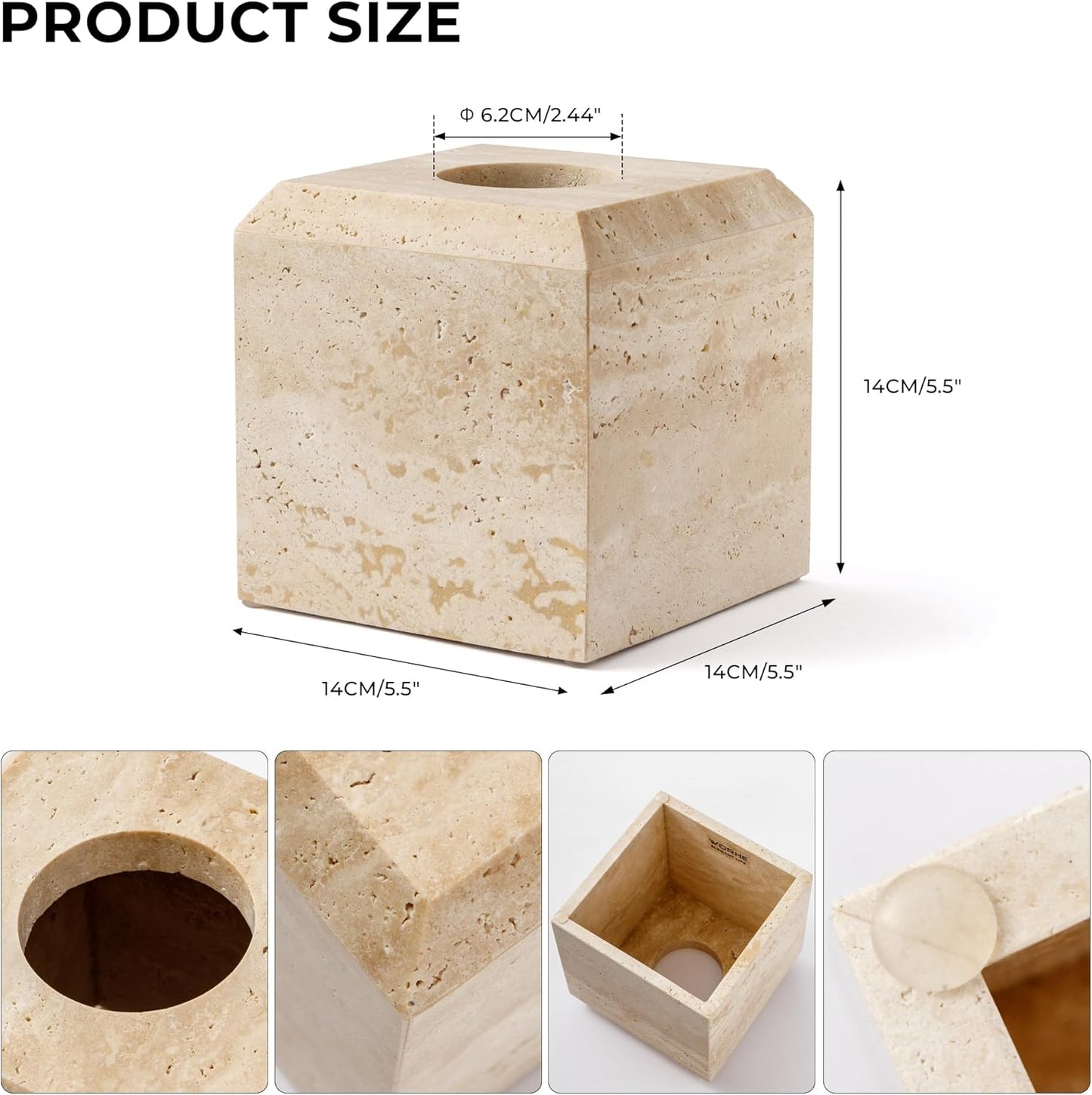 WORHE Tissue Box Cover Italy Natural Travertine Stone Heavy Duty Square Facial Toilet Paper Holder for Bathroom Living Room Bedroom Dresser Kitchen Minimalistic Office Home Decor Beige (TBC145WT)