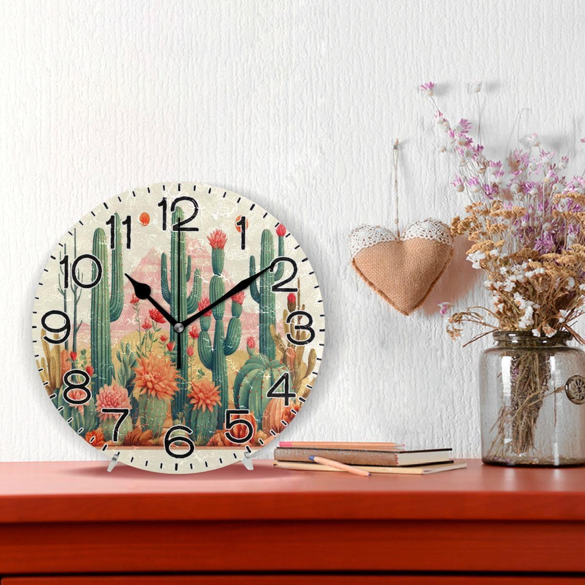 ALAZA Cactus in Desert3 Wall Clock Battery Operated Non Ticking Silent Quartz Analog Rustic Farmhouse Round Clock Retro Decor for Home Kitchen Living Room Bathroom