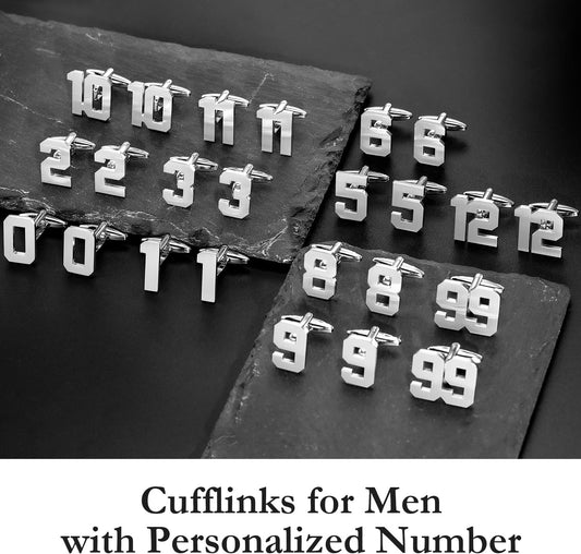AMITER Mens Cufflinks with Number, Classic Silver Personalized Cuff Links for Men, Sport’s Day Casual or Formal Shirts