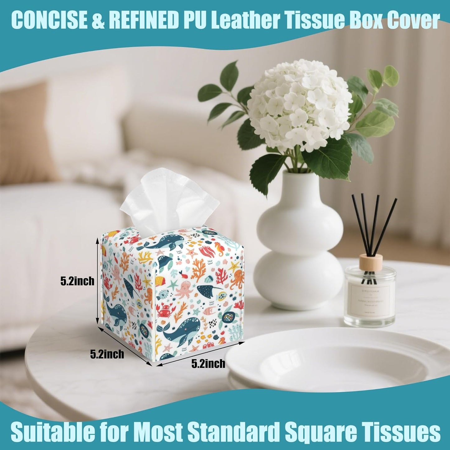 Cute Sea Life Tissue Box Cover,Whale Tissue Box Holder Square with Bottom Belt,Waterproof Leather Organizer Portable Decorative Facial Paper for Bedroom Dresser Night Stand Office,5.2" x 5.2" x 5.2"