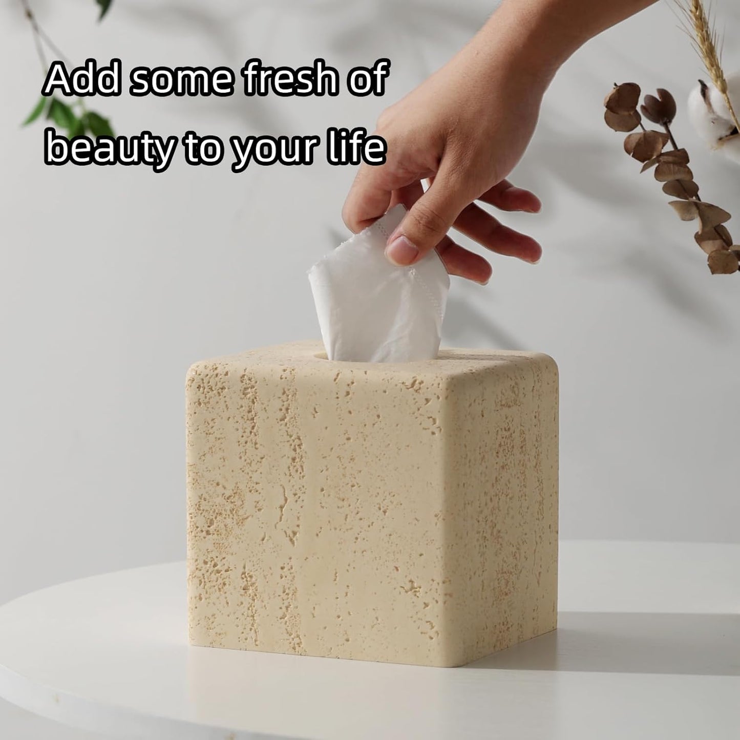 Tissue Box Cover Square, Resin Facial Tissue Holder Covers Toilet Paper Holder Decorative Travertine Paper Dispenser Home Decor for Bathroom Bedroom Living Room Office (Square Yellow)