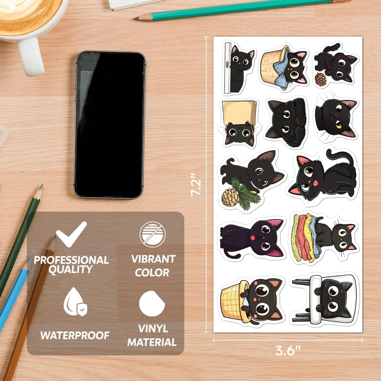 108Pcs Cute Black Cat Vinyl Sticker Pack Cartoon Aesthetic Stickers for Laptop Water Bottle Journal Scrapbook Waterproof Lover Decals Teens Kids Adults Gift