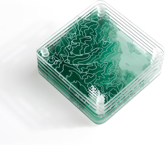 Park City, UT 3D Contour Map Glass Drink Coasters of Mountains, Ski Resort, Set of 6 with Holder, Housewarming Birthday Gifts, Home Decor