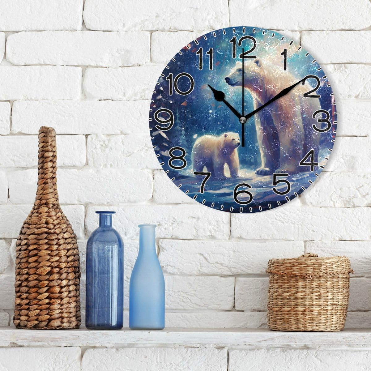 White Polar Bear Blue Lights Wall Clock Battery Operated Non Ticking Silent Quartz Analog Rustic Farmhouse Round Clock Retro Decor for Home Kitchen Living Room Bathroom
