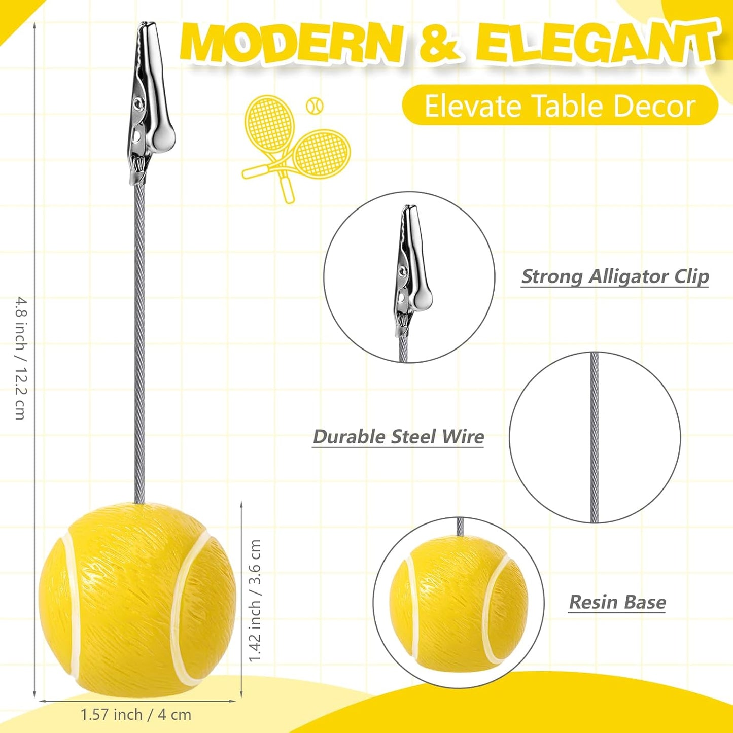 Jetec 12 Pcs Resin Sports Ball Base Memo Clips with Alligator Wire Table Number Card Place Holders Photo Stand for Office Menu Wedding Party Events Decoration (Tennis)