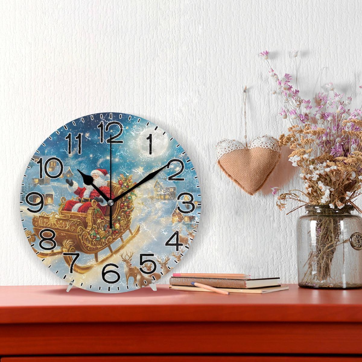 ALAZA Christmas Santa Claus Elk Moon House Wall Clock Battery Operated Non Ticking Silent Quartz Analog Rustic Farmhouse Round Clock Retro Decor for Home Kitchen Living Room Bathroom