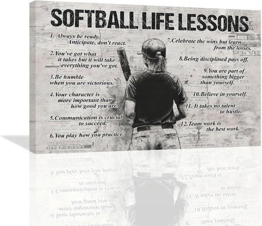 Softball Sports Wall Art Softball Life Lessons Wall Decor Softball Sign Retro Poster Boy Girls Men Room Motivational Decorations Canvas Print Painting Artwork for Bedroom Bathroom Living Room 24"x16"