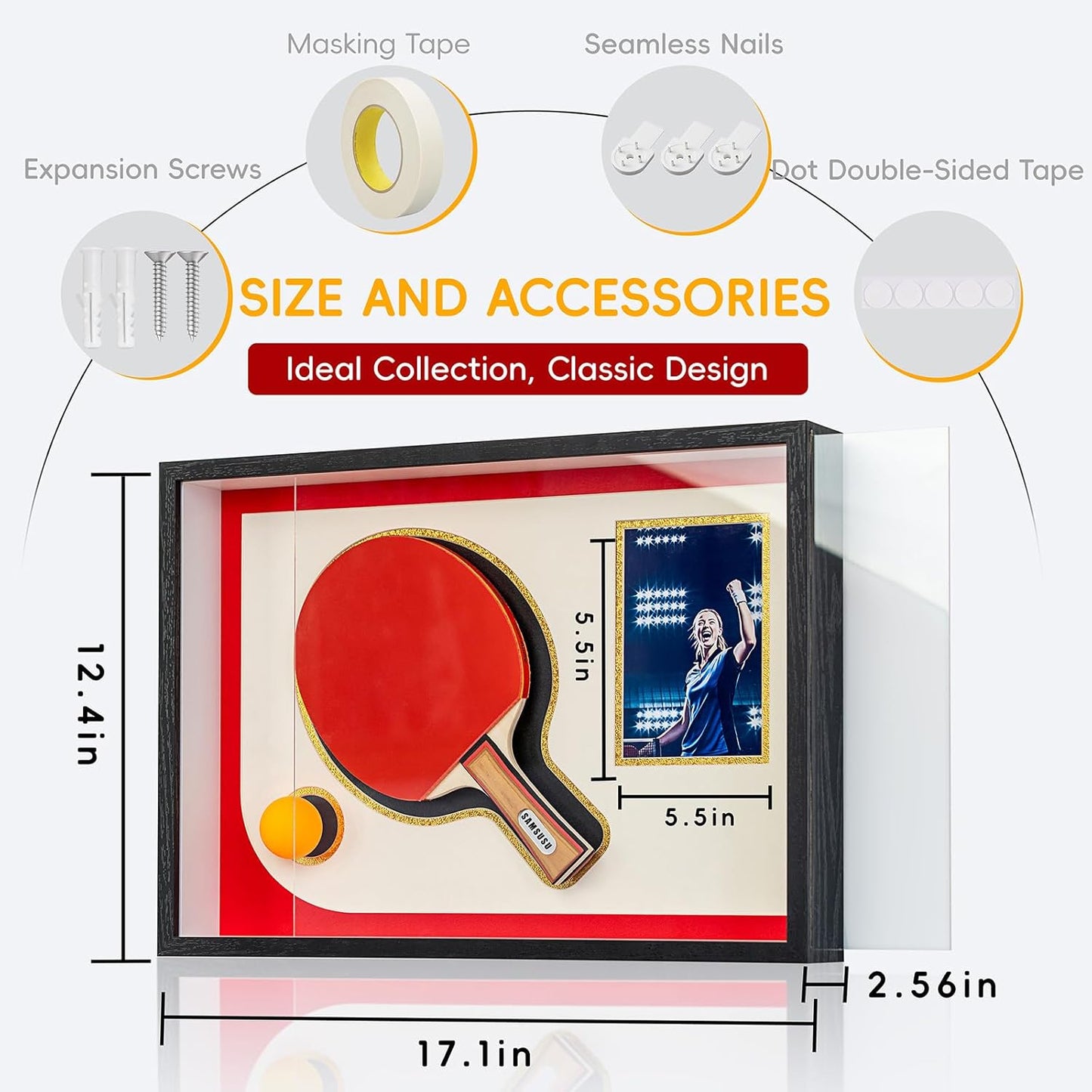 12x17 Black Table Tennis Racket Shadow Box Frame – Ping Pong Paddle Display Case with Photo Slot, Sports Memorabilia Display for Wall Decor & Collectors (Racket & Ball Not Included)