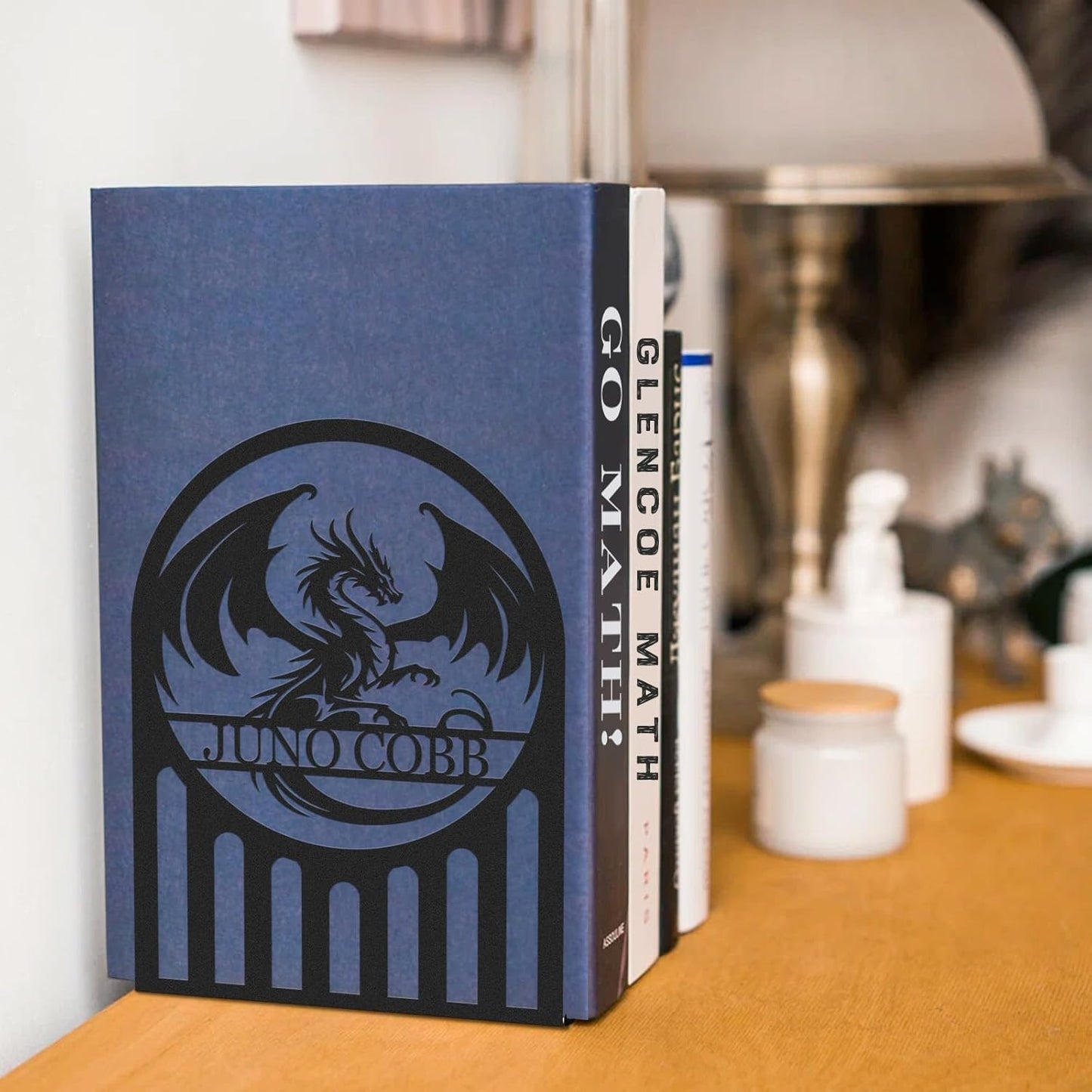 Personalized Dragon Book Ends 2 Pcs, Metal Bookends for Shelves, Custom Heavy Duty Bookends with Name, Dragon Bookshelf Decor, Book Organizer for Desk, Black Book Holders for Home Office