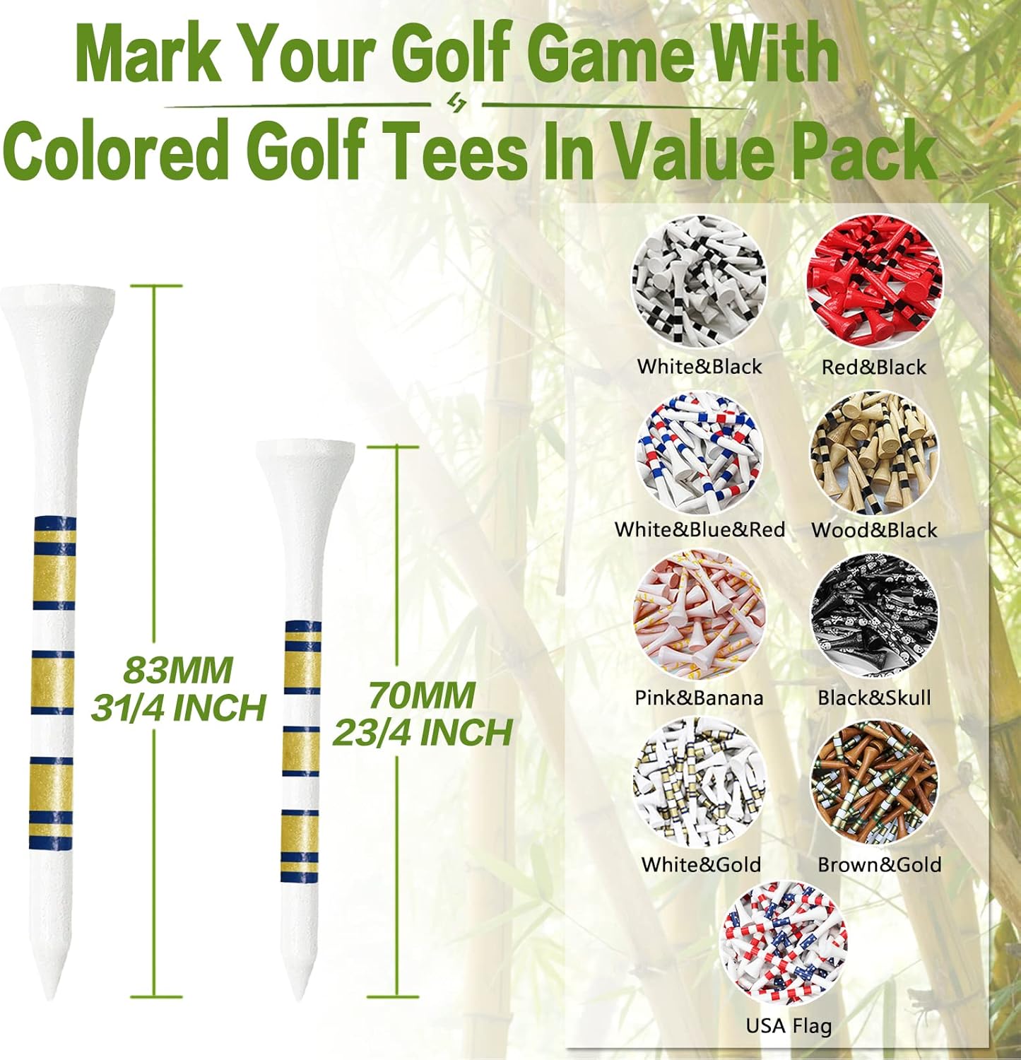 FINGER TEN Golf Tees Wood 3 1/4 2 3/4 Inch Wooden Bamboo 50/120 Count, Durable Biodegradable Colored Bulk Tee 70mm 83mm