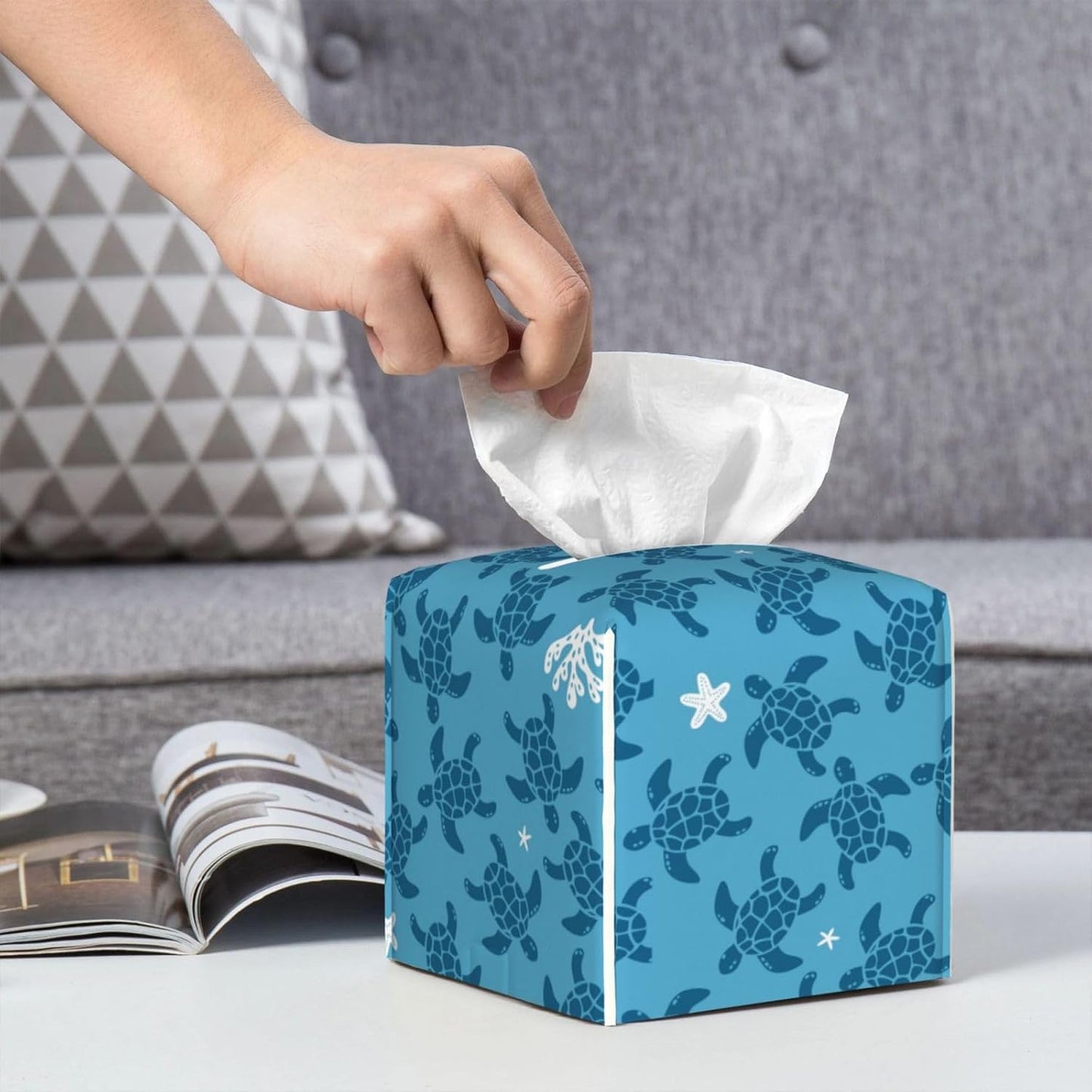 Sea Turtle Tissue Box Holder Paper Organizer, PU Leather Tissue Case Cover, Ocean Beach Decor for Bathroom, Kitchen, Car