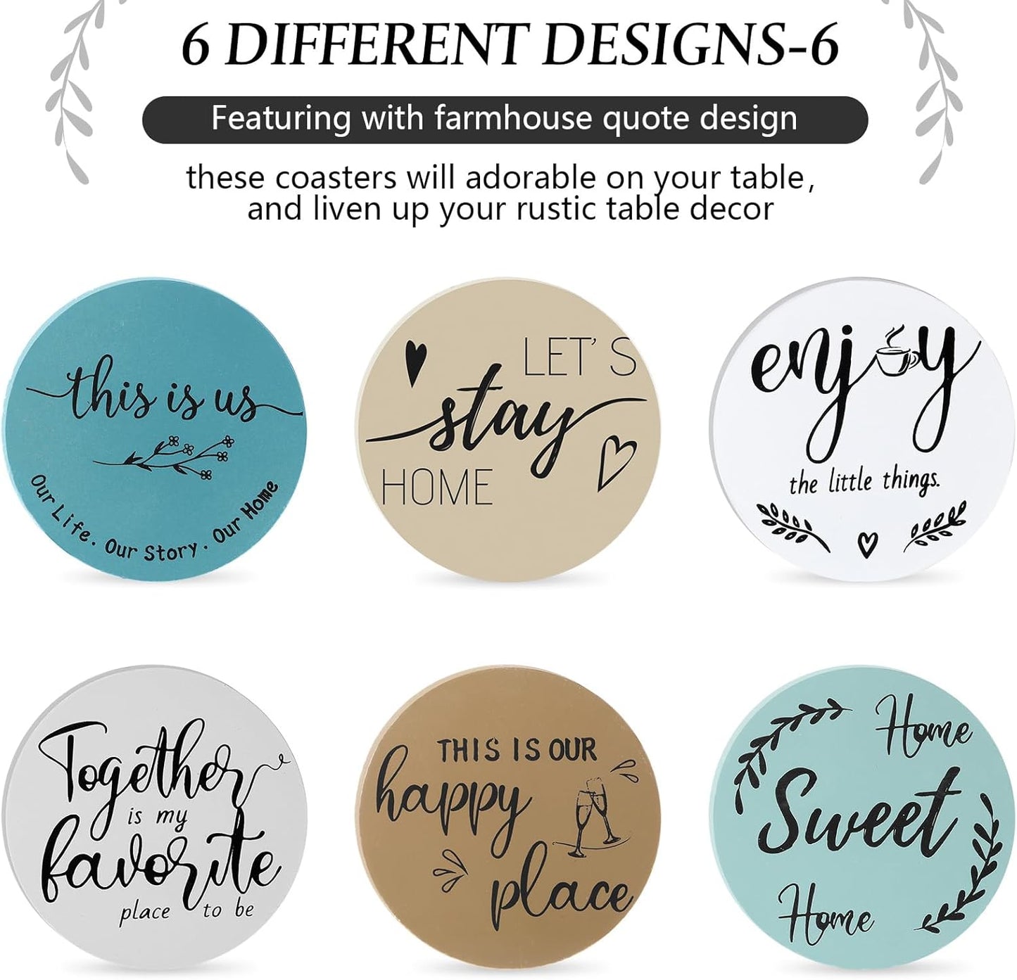 Queekay Housewarming Gifts for Home Decoration Wooden Heart Coasters for Drinks 6 Set Farmhouse Coasters with Holder Funny for Family Coffee Table Protection, 4''(Ocean Color)