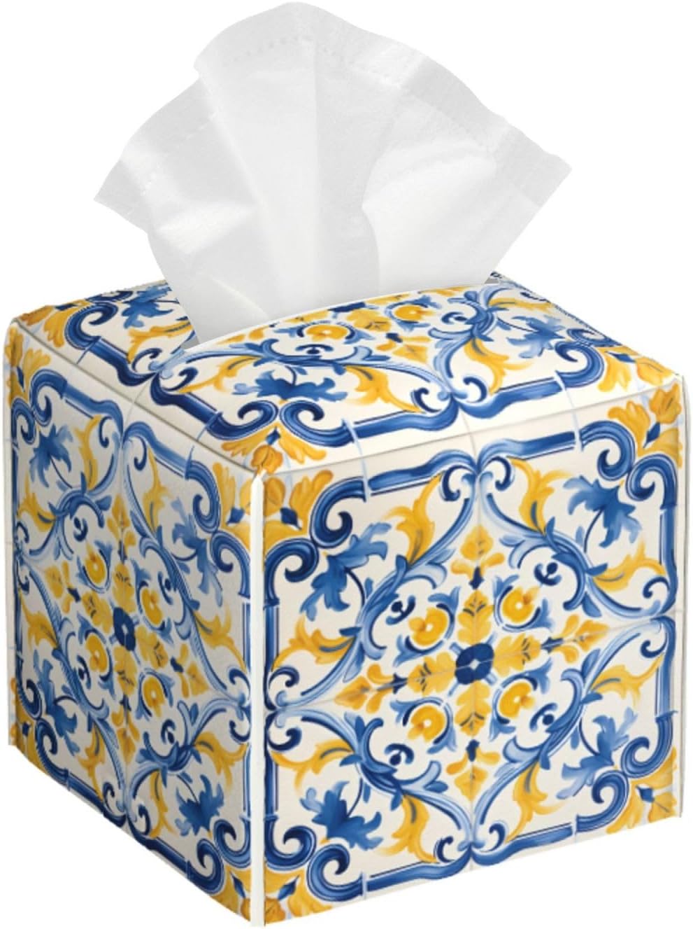 Tissue Box Cover Yellow Blue Ornament Tiles Square PU Leather Tissue Box Holder for Car Bathroom Bedroom Desk Tabletop Decor