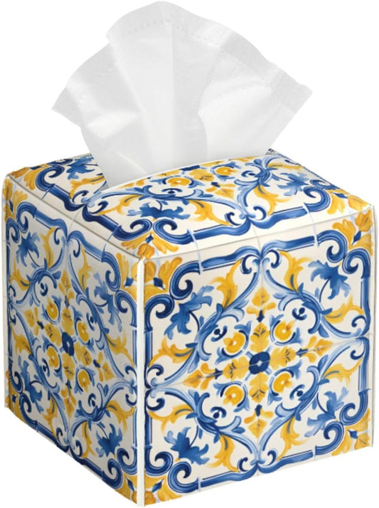 Tissue Box Cover Yellow Blue Ornament Tiles Square PU Leather Tissue Box Holder for Car Bathroom Bedroom Desk Tabletop Decor