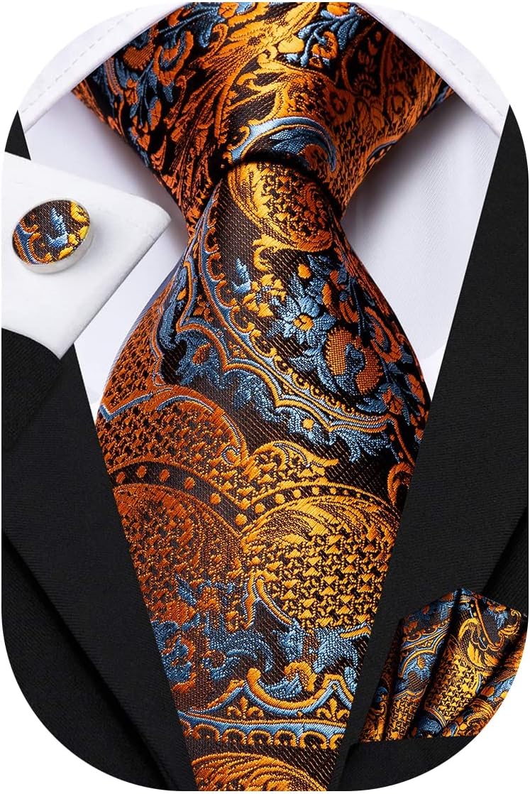 Hi-Tie Men 63inches Tie Set Extra Long Necktie Paisley Tie Pocket Suqare Cufflinks Big and Tall Men Tie