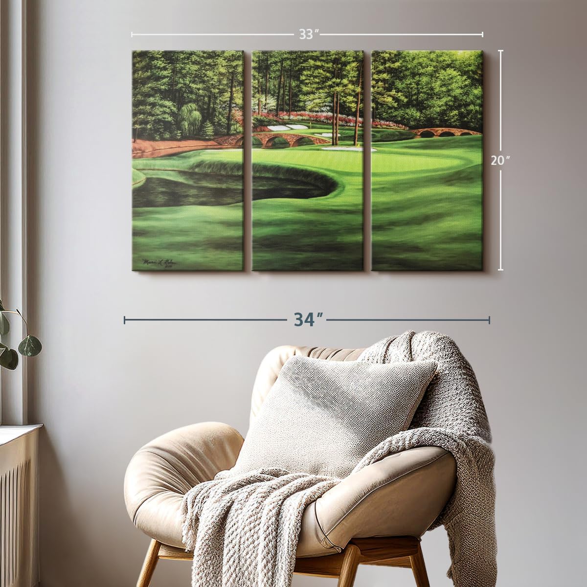 ElephantStock Augusta National 11th Hole I Wall Art - Horizontal Canvas - 3-Piece Living Room Wall Decor - Painting Sports Canvas Print - Green and Brown Decor for Wall by Marci Rule - 33" X 20"