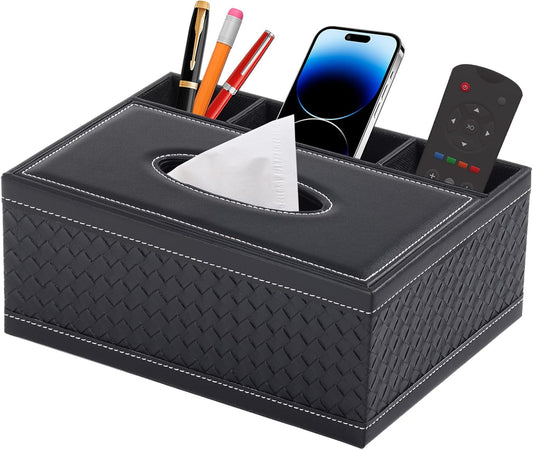 Tissue Box Cover Rectangle Black Tissue Box Holder PU Leather Facial Tissue Organizer,Multifunctional Remote Control Stationery Storage Box,Home Office Supplies Car Napkin Caddy