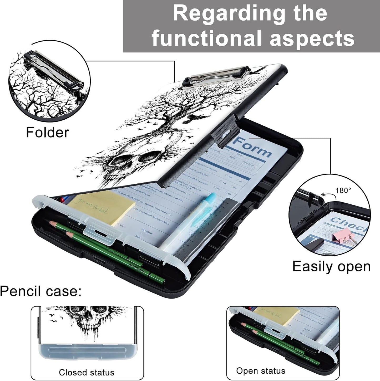 Clipboard with Storage - Large Capacity,Nursing Clipboard with Pen Holder,Heavy Duty,Plastic Side-Opening Folder for Teacher,Nurse - Crow Skull
