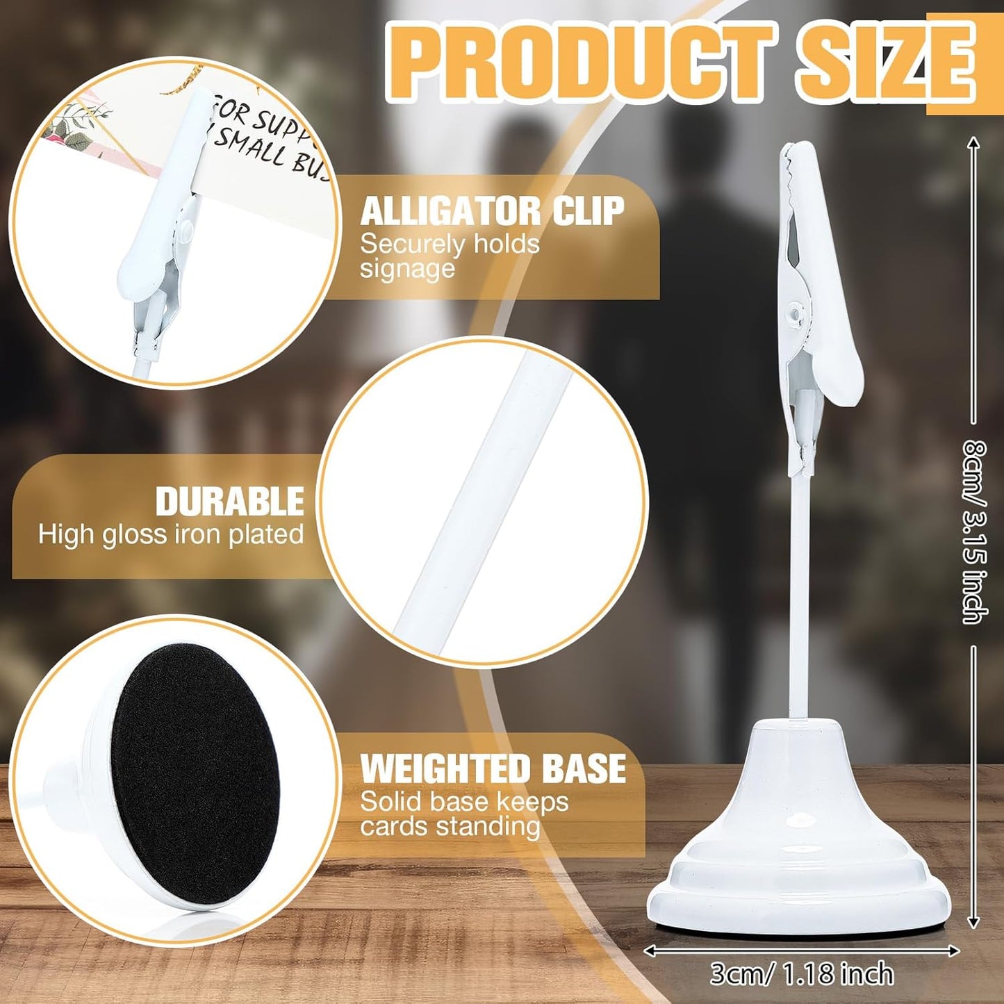 Skyygemm 12 Pcs Table Number Holders 3 Inch Place Card Holder with Alligator Clip Metal Place Card Stands Table Sign for Photos, Food Signs, Birthdays, Weddings (White)