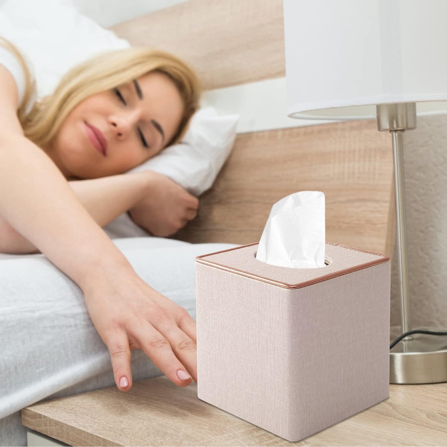 Tissue Box Cover Square Tissue Box Holder PU Leather Facial Organizer with Magnetic Bottom,Decorative Napkin Caddy for Vanity Dresser Night Stand Table Countertop Home Office Car,Beige