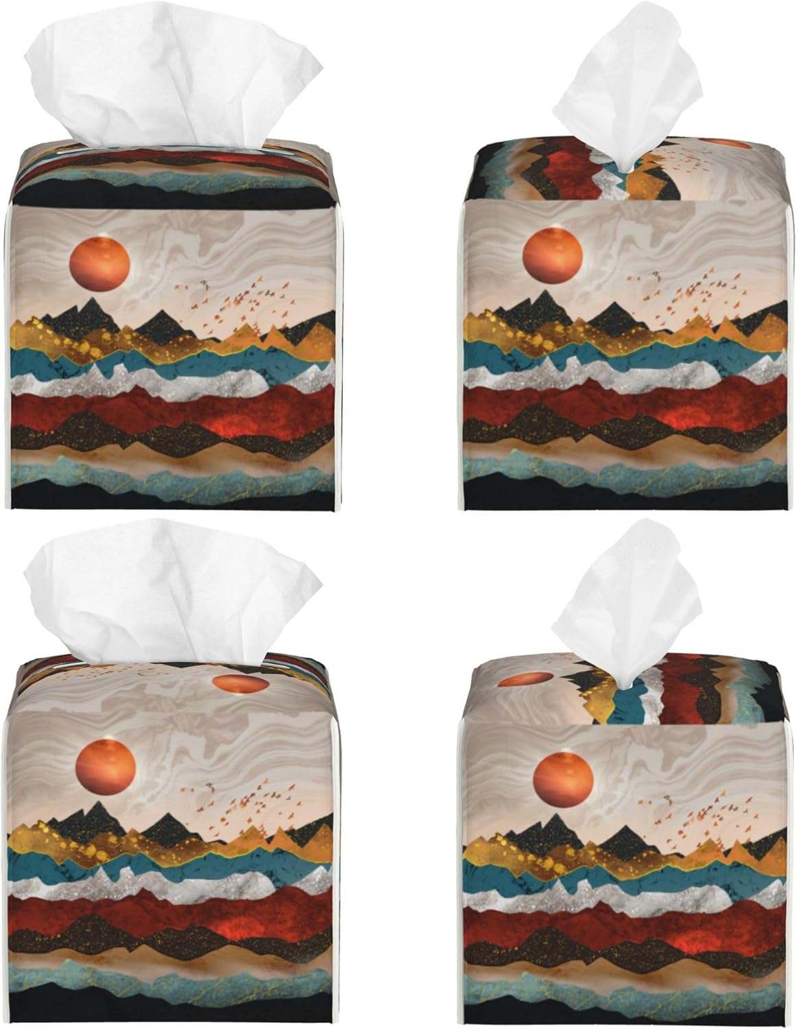 Gold Mountains and Red Sun Tissue Box Cover Square,Abstract Mountain Sunset Tissue Box Holder Waterproof Leather Facial Paper Organizer Dispenser for Bathroom Home Car Nightstand Vanity Desk