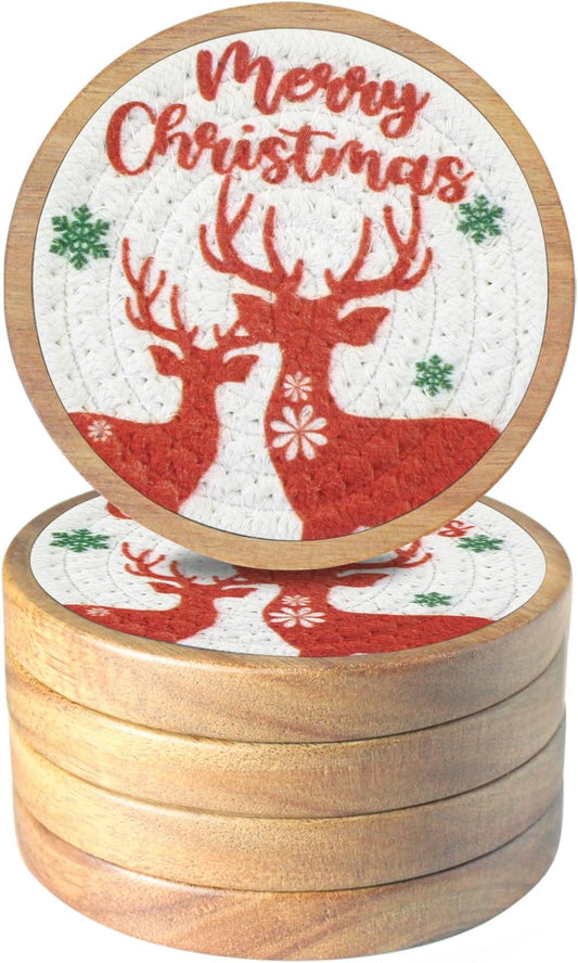 Christmas Coasters Set of 5, Eykao Wood Coasters for Drinks, for Home Decor, Absorbent Coaster for Hot or Cold, Non-Slip, Non-Stick, 4 inches