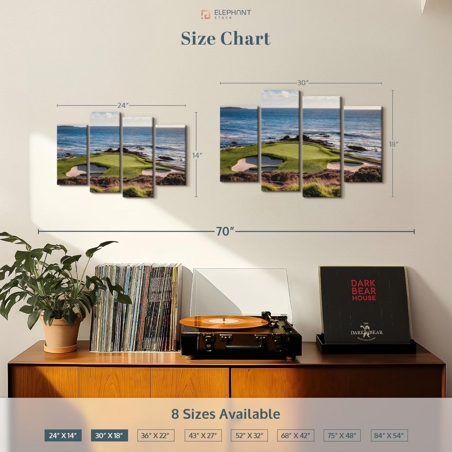 Elephant Stock California Coastline Golf Course Wall Art - Horizontal Canvas - 4-Piece Living Room Wall Decor - Photography Sports Canvas Print - Brown and Beige Decor for Wall - 24" X 14"