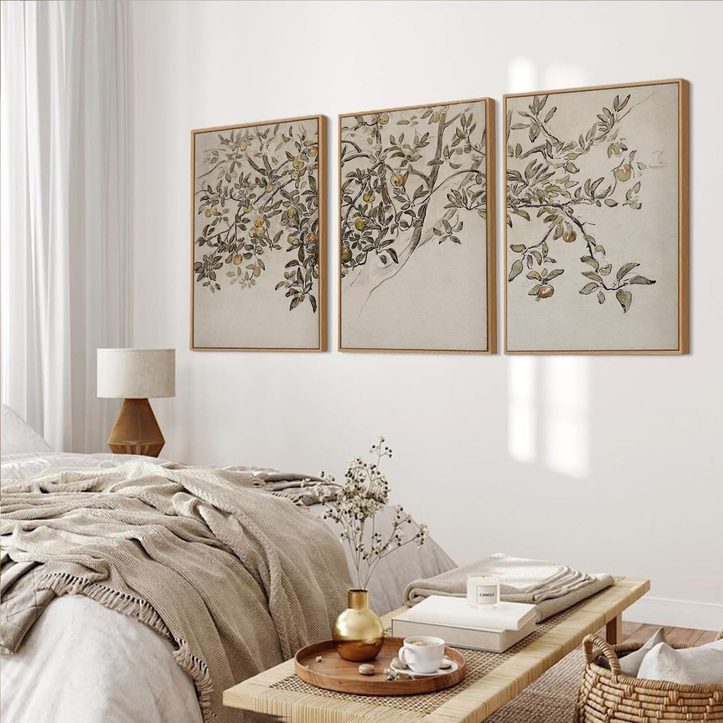 MTFBWY Framed Botanical Apple Tree Wall Art Set of 3, Vintage Nature Branch Canvas Prints, Rustic Farmhouse Plant Wall Art, Neutral Still Life Painting for Living Room Bedroom Office Decor 16L x 12W
