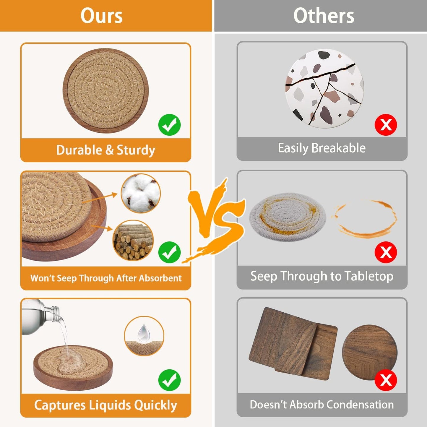 Woven Coasters Set of 5, Wooden Coasters with Holder for Coffee Table, Housewarming Gift for Farmhouse Home Decor, 4 inches