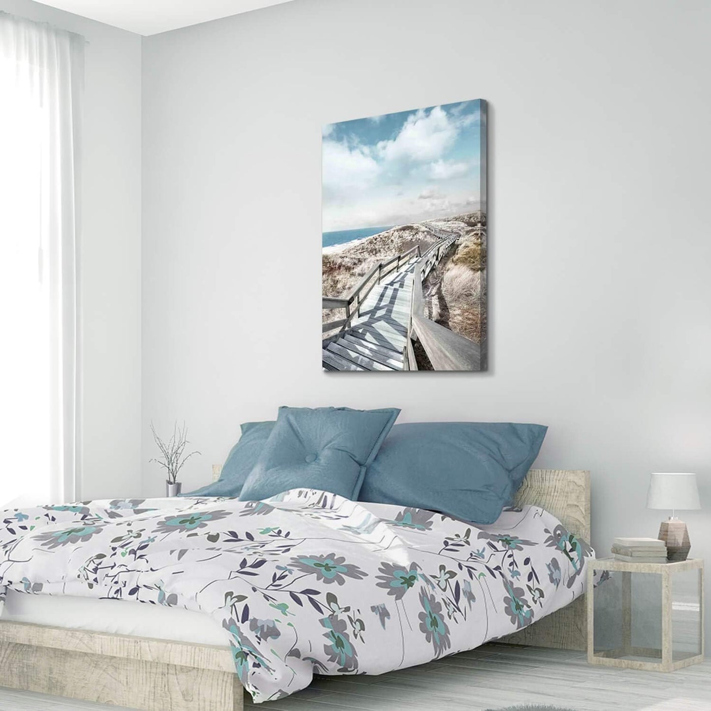 Hardy Gallery Coastal Wall Decor Seaside Picture: Beach Wooden Path Wall Art Boardwalk Stair Graphic Art on Wrapped Canvas Artwork for Living Room 45"x30"