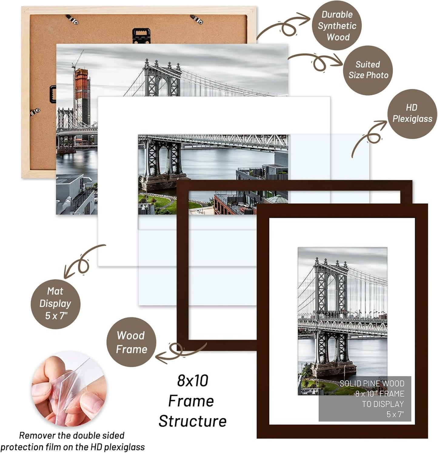 8x10 Picture Frames Solid Wood Display Pictures 5x7 or 8x10 Frame Poster Photo Frame Art with 1 Mat for Wall Mounting or Table Top (Brown)