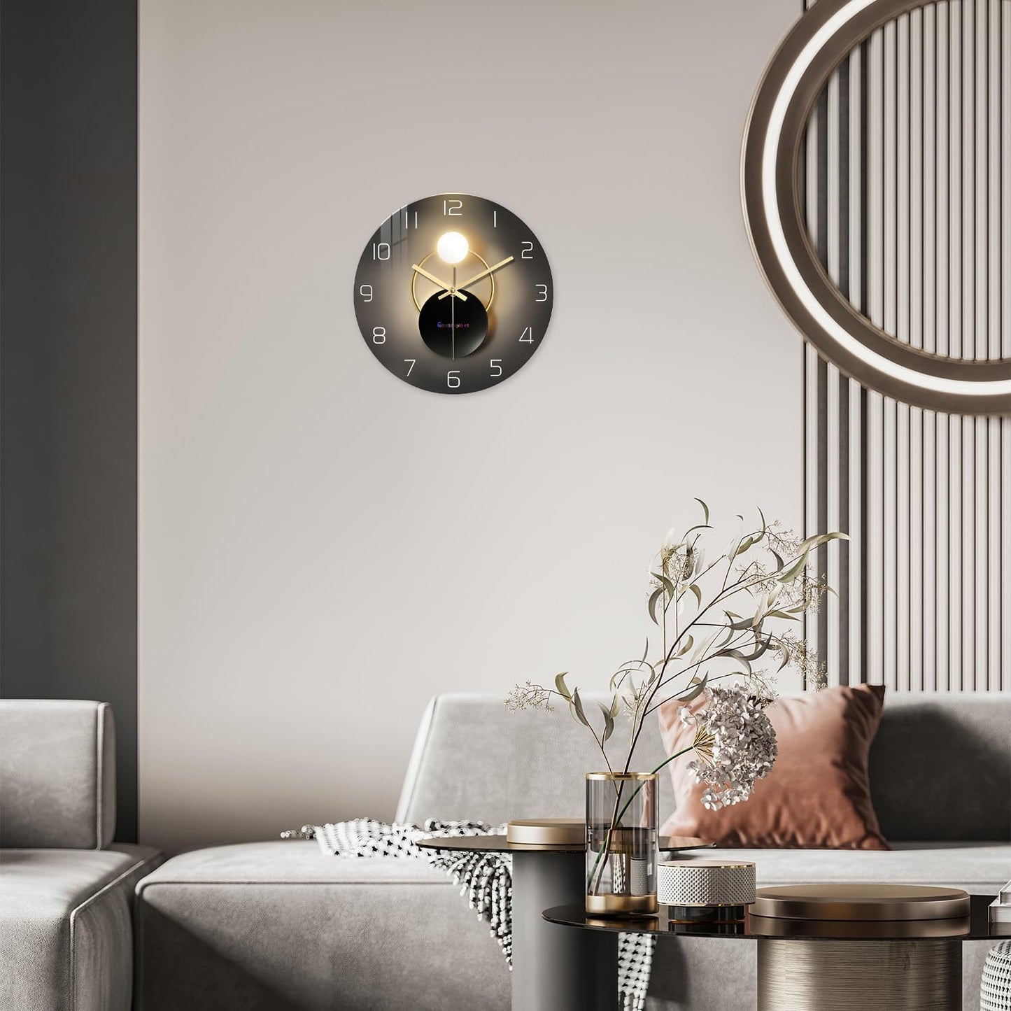 Black and Gold Wall Clock for Kitchen Glass Decorative Wall Clocks Battery Operated 12 Inch Round Silent Wall Clock Non Ticking