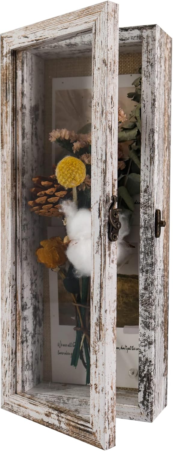 GraduatePro Shadow Box Frame 5x12.5 Display Case with Linen Back, Real Glass Window Door with Hinge, Picture Frame Wedding Bouquet Memorabilia Medals Photos Memory Box for Keepsakes, Rustic White
