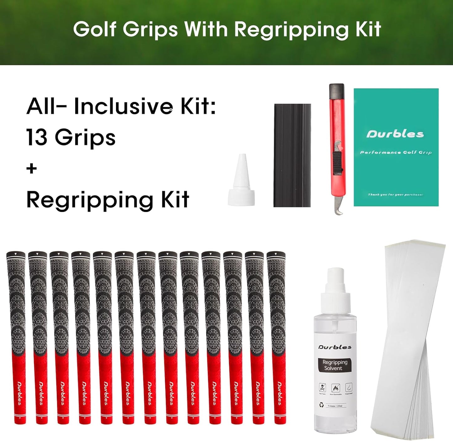 Golf Grips with Regripping Kit – All Weather Multi-Compound Golf Club Grips for Men & Women – Corded Rubber Grip Set – Standard & Midsize Wood and Iron Grip Kit – All Level Golfing Accessories