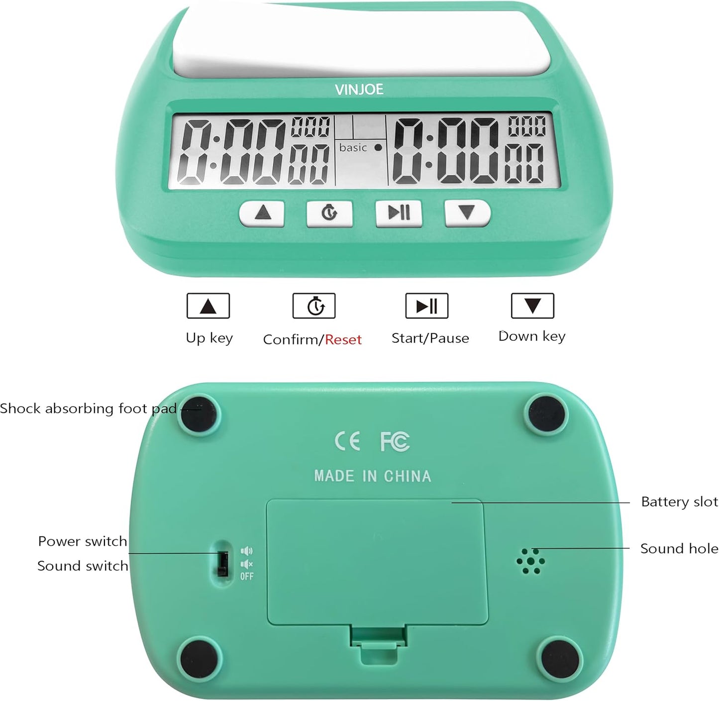 VINJOE Chess Clock Digital Chess Timer Professional for Board Games,Portable Digital Chess Clock & Game Timer with Basic,Bonus,Delay and Positive Time Features Best Gifts for Christmas (Green)
