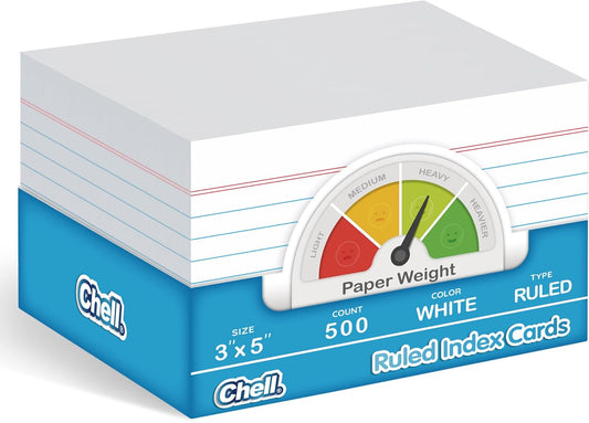 Chell 500 Count Index Cards 3x5 Inch Heavyweight, Ruled Front and Blank Back, 65 lb. Cover Weight, White