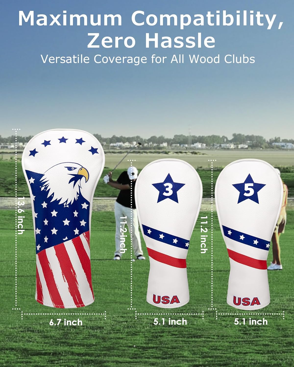 Golf Head Covers, 3 Pack Golf Club Head Covers USA Stars and Stripes, Velour Lined for Extra Club Protection, Designed to Fit All Woods and Drivers Velour Lined