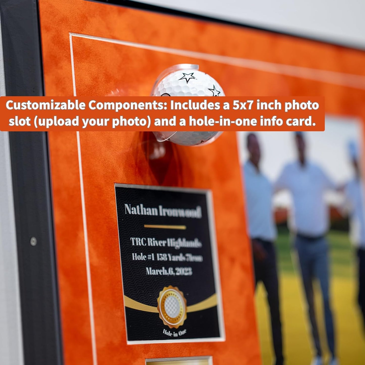 One-Shot Victory Golf Ball Display Frame – Acrylic Case with External Ball Mount, Custom Photo & Nameplate, Orange Suede Mat, Elegant Golf Keepsake Gift