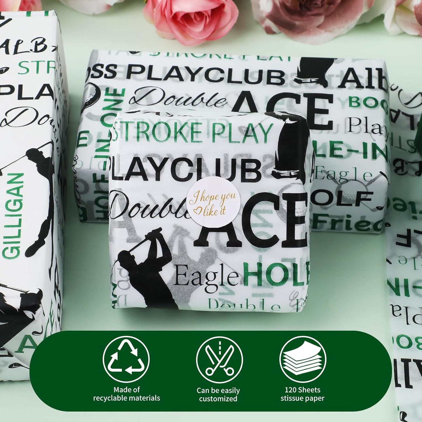 100 Sheets Golf Theme Tissue Paper with Stickers,19.3 x14 Inch Green, White and Black Gift Wrapping Paper for Birthday, Father’s Day, Retirement Party, Sports Events, and Golf Lover Gifts
